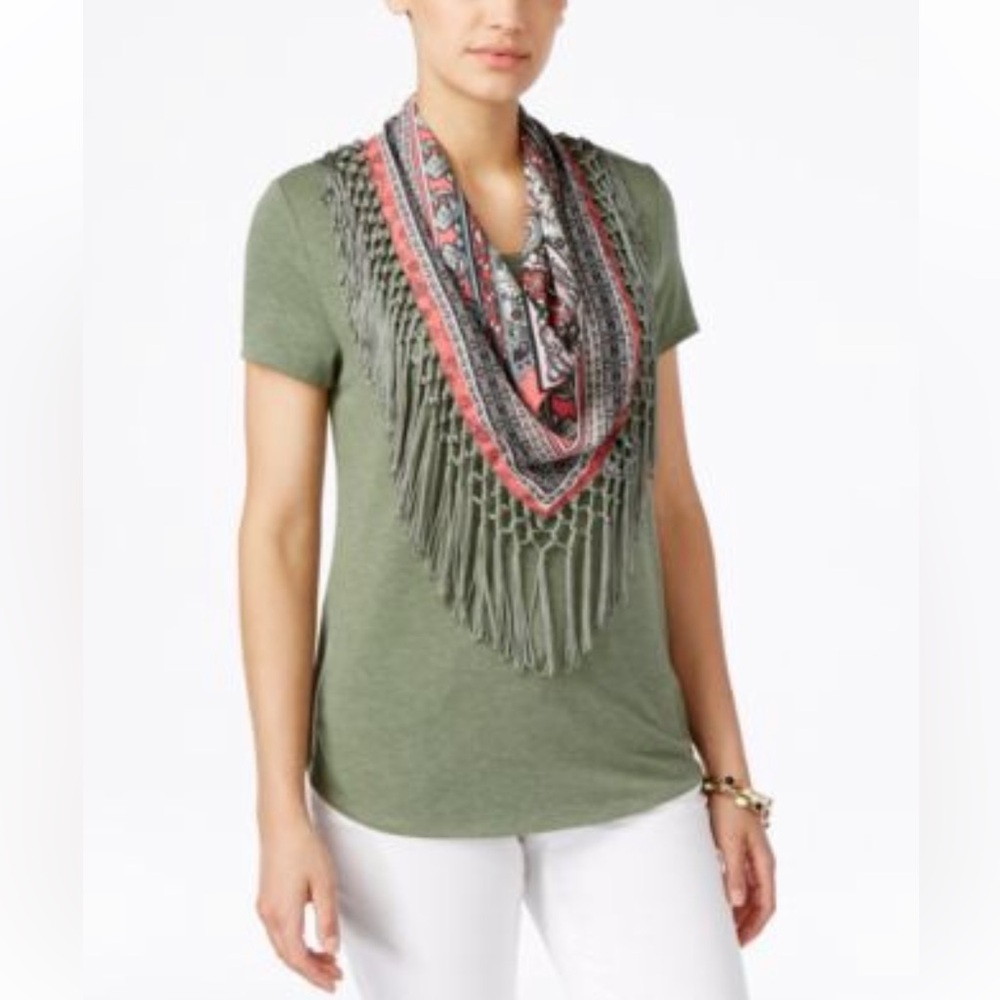 Style & Co. T-shirt with Detachable Scarf,Short Sleeve,Green Olive Color,Size M